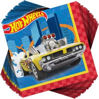 Imagem de Guardanapos de papel multicoloridos Hot Wheels para almoço (16,5 cm x 16,5 cm) 16 unidades - guardanapos absorventes e de qualidade premium, perfeitos para festas e eventos temáticos