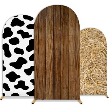 Imagem de 3 peças de capa de fundo de arco de caubói ocidental 1,2 m, 1,5 m, 1,8 m, estampa de vaca de madeira rústica, elastano, arco, arco, coberturas de arco, fundo de caubói de fazenda, para festa de