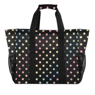 Imagem de ODAWA Bolsa de compras de lona durável de bolinhas coloridas arco-íris para uso diário e férias, bolsa de praia dobrável reutilizável com bolsos