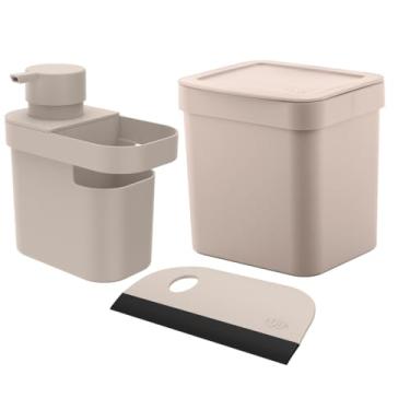 Imagem de Kit de Pia 3 peças BegeDispenser de Detergente Rodinho de Pia Lixeira 2,5 Litros Kit Organizadores de Pia OU Lixeira com Esconde Saco Rodo Compacto e Dispenser de Sabão Líquido