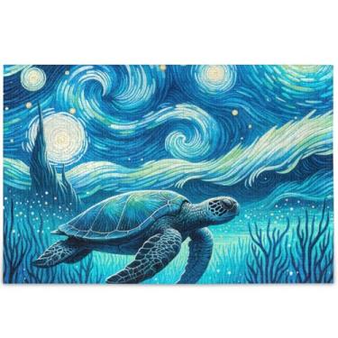 Imagem de Quebra-cabeça azul tartaruga marinha noite estrelada 500 peças adultos pintura arte animal quebra-cabeças cena inverno presentes personalizados para jogo de elefante branco, 52 cm x 37,8 cm