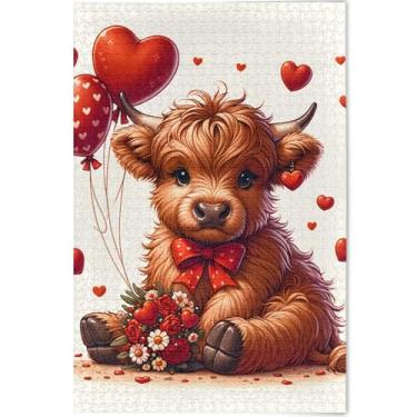 Imagem de Cute Highland Cow Calf Valentine Quebra-cabeça adulto 500 peças presentes divertidos elefantes brancos personalizados quebra-cabeças exclusivos para adultos pintura de belas artes, 52 cm x 37,8 cm