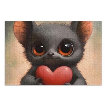 Imagem de Jigsaw 1000 quebra-cabeças para adultos, amigos, família, jogos, presentes, quebra-cabeça divertido, animal, arte floral, morcego fofo, olhos grandes, preto, 75 x 40 cm