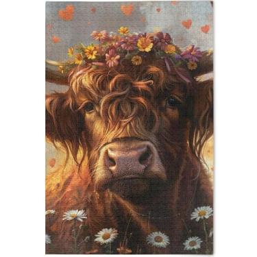 Imagem de Quebra-cabeças fofos de flores de vaca Highland para adultos 1000 peças presentes para amantes de quebra-cabeças, quebra-cabeças duros para adultos, pintura de arte floral, 75 x 50 cm