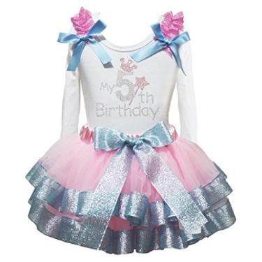 Imagem de Camiseta Petitebella Rhinestones My 1st to 6th branca G/s rosa azul pétala saia, 5th, 6-8 Years