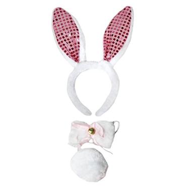 Imagem de Petitebella Tiara de orelha de coelho com cauda de gravata borboleta 3 peças (branco/rosa lantejoulas, tamanho único)