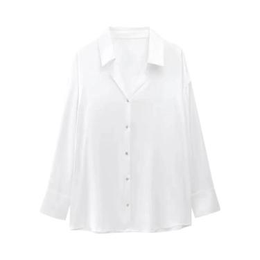 Imagem de Camisa Feminina De Manga Longa Com Botões, Corte Relaxado, Gola Pontud