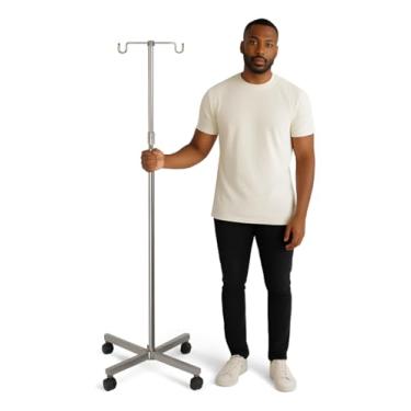 Imagem de Suporte de Soro com Regulagem de Altura e Rodízios, Prata Inox, Móvel com Rodas, Base em Cruz