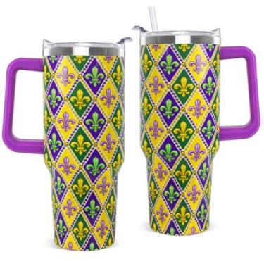 Imagem de Nqhsionv Copo de carnaval de carnaval com alça 1,134 g Caneca de viagem de café Happy Carnival de aço inoxidável com isolamento térmico presentes de decoração de carnaval