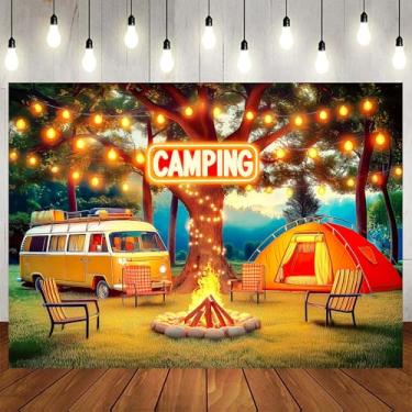 Imagem de Cenário de acampamento de 3 x 2,4 m para fotografia, cenário de floresta, trailer, faixa de campista feliz, cenário de fotos de aventura para adultos, crianças, família, ambientes externos, ambientes