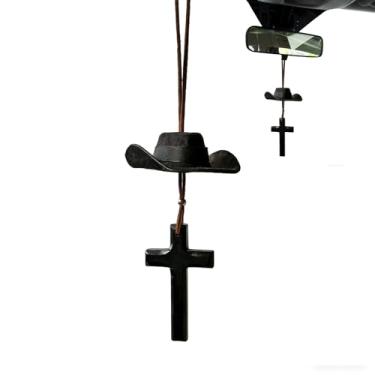 Imagem de Shakven Decoração Automóvel - Pingente De Cruz Com Chapéu De Cowboy | Acessórios Para Pendurar No Espelho Retrovisor | Destinado A Veículos Automotivos, Homens, Mulheres, Casa, Mochilas E Bolsas
