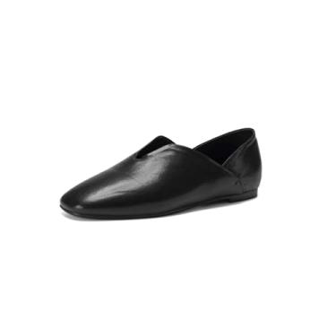 Imagem de TinaCus Mocassim feminino de couro macio, feito à mão, bico quadrado, salto plano, casual, confortável, Preto, 37