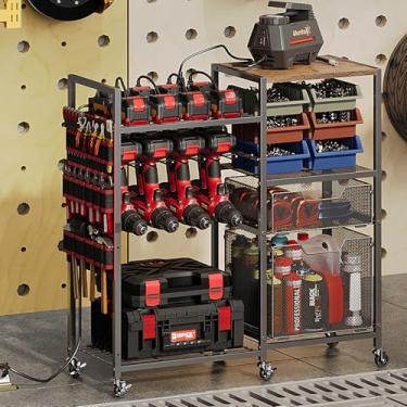 Imagem de Carrinho grande organizador de ferramentas elétricas com estação de carregamento, 8 compartimentos para furadeira sem fio com gavetas, carrinho de armazenamento com 8 tomadas elétricas, organizador de