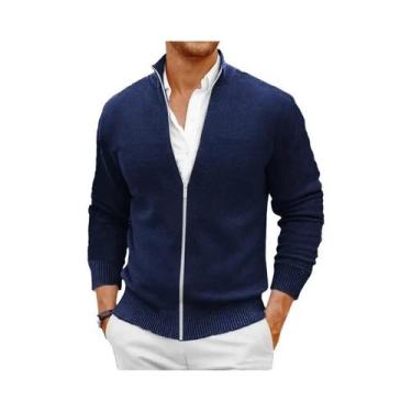 Imagem de Suéter Masculino Slim Fit Com Zíper, Tricô Quente, Cardigan Com Gola A