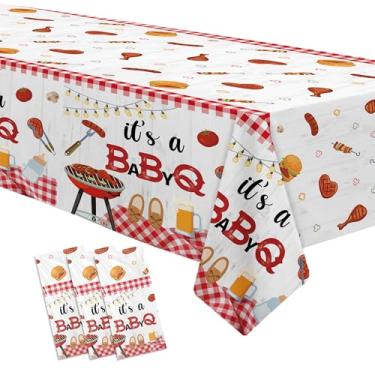 Imagem de FVABO Baby Q Toalha de mesa de chá de bebê, 3 peças descartáveis guingão vermelho para churrasco, decorações de chá de bebê, suprimentos de mesa de festa, 139,7 x 218,4 cm