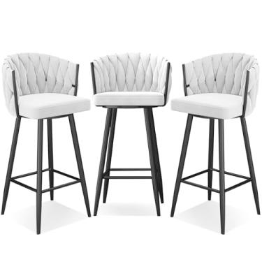 Imagem de Banquetas de bar giratórias modernas de 360°, cadeiras de cozinha estofadas de altura de bar com pernas de aço e apoio para os pés, perna branca e preta, 3 peças