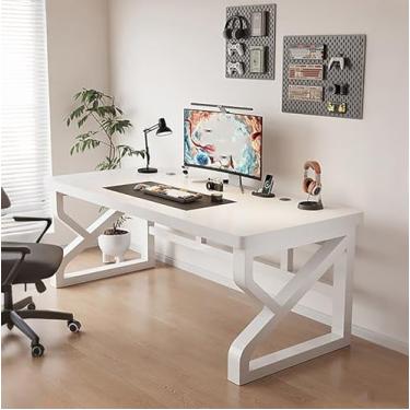 Imagem de Mesa de computador moderna, mesa de estudo e jogos minimalista, pernas de aço resistente, mesa de escritório doméstico simples para sala de estar e quarto (branco, 140 x 60 x 75 cm)