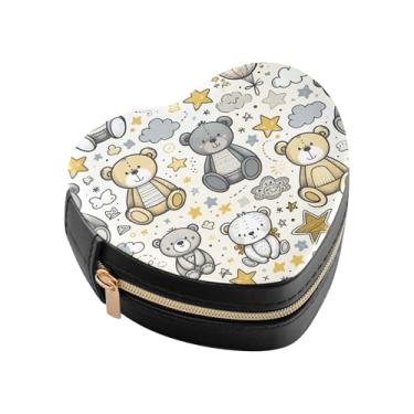 Imagem de Burbuja Caixa de joias em forma de coração com ursos de desenho animado, mini estojo de viagem para mulheres e meninas, organizador portátil de armazenamento para brincos, anéis, colares e pulseiras