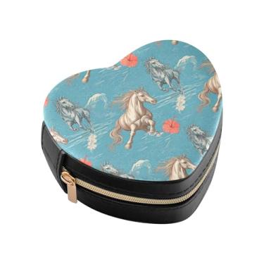 Imagem de Burbuja Caixa de joias em forma de coração de hibisco de cavalos de corrida, mini estojo de viagem para mulheres e meninas, estojo portátil organizador de armazenamento para brincos, anéis, colares e