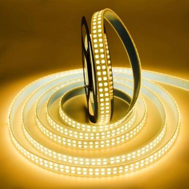 Imagem de SUYOOULIN Fita de luzes LED, regulável CC 12 V 5 m SMD 5054 (5050 atualizado) fileiras duplas 1200 LEDs 25000LM tubo impermeável IP67 fita de LED para decoração de cozinha doméstica (branco quente