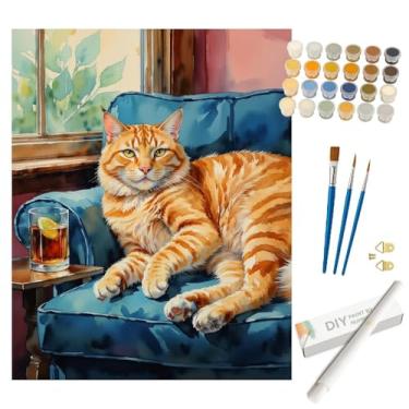 Imagem de Kit de pintura animal por números para adultos - DIY gato malhado laranja descansando no sofá azul pintura em tela enrolada 40,6 x 50 cm, conjunto de tinta acrílica, adequado para iniciantes, arte