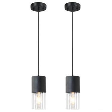 Imagem de LINSEEDS Pacote com 2 luminárias pendentes pretas, luzes pendentes modernas ajustáveis para ilha de cozinha, luzes pendentes de vidro transparente industrial para mesa de jantar, corredor, quarto