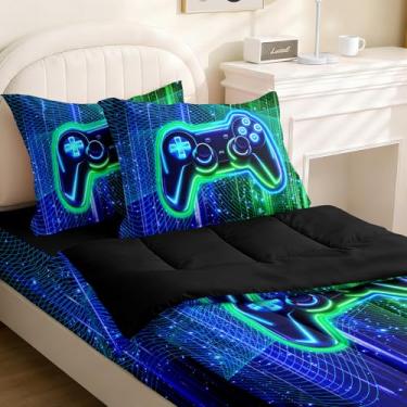 Imagem de Yadangxiawa Jogo de edredom infantil, solteiro com zíper, estampa de jogos, lençol com elástico e fronhas para todas as estações (solteiro)