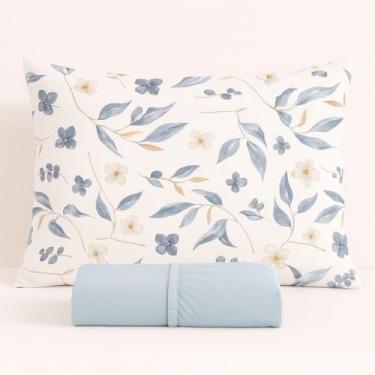 Imagem de Kit Jogo de Lençol Micropercal 400 Fios Fronha Estampada Floral Azul(Azul,Queen)