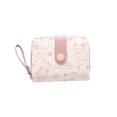 Imagem de Carteira feminina pequena e fofa padrão de gato com zíper para porta-cartões de crédito para dinheiro e moedas, rosa, Bonito