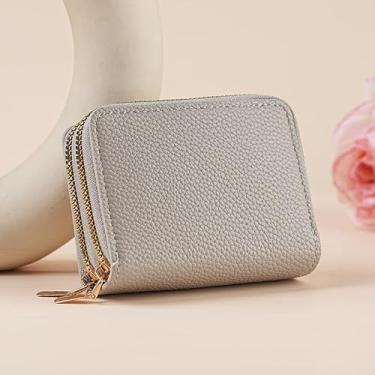Imagem de Carteira de cartão de crédito, porta-cartões de visita com zíper duplo para mulheres, porta-moedas tamanho compacto, Cinza, Porta-moedas com zíper duplo