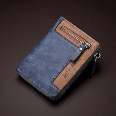 Imagem de Carteira masculina com zíper, porta-cartão de crédito comercial com bolso seguro com zíper, carteira de grande capacidade para homens com janela para identidade, Azul, Tendência