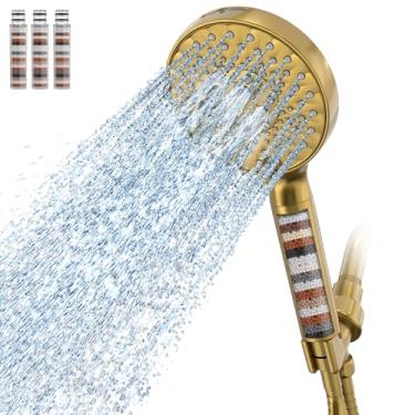 Imagem de Chuveiro filtrado com portátil, modo de pulverização 9 de alta pressão, chuveiro dourado escovado com filtros, chuveiro destacável, filtros de amaciante de água para água dura - Remova o cloro