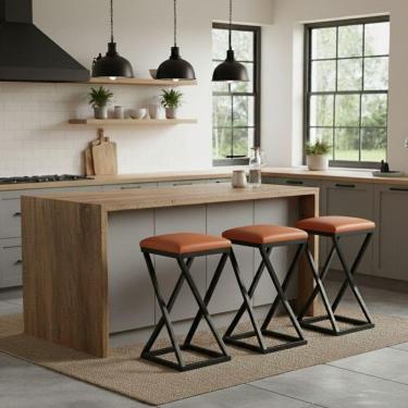 Imagem de Kit 3 Banco Banqueta 80 Cm Alta Bancada Gourmet Bistrô Corino Cor:caramelo