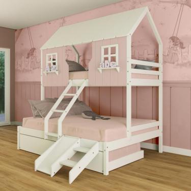 Imagem de Treliche Casal/ Solteiro Casinha Encantada Com Kit Escada/ Escorregador Madeira Maciça Rosa/ Branco Megamobilia