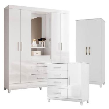 Imagem de Guarda Roupa Casal Capelinha Capri 4 Portas 3 Gavetas Branco Brilho com Cômoda e Armário Multiuso Moval