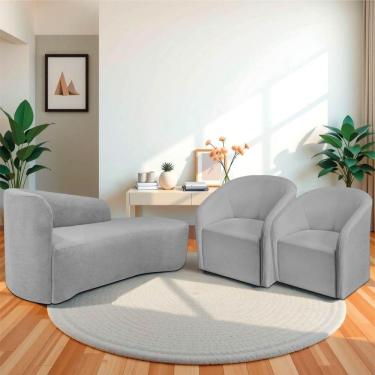 Imagem de Kit Sofá Curvo França 160cm Ld. E 2 Poltronas Luiza Max Conforto, Elegância E Design Moderno Linho Cinza Claro