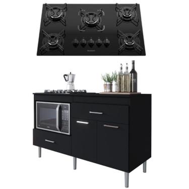 Imagem de Conjunto Armário para Cooktop Turim 2 Portas 2 Gavetas em MDF-MDP 140cm Preto Movelove