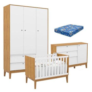 Imagem de Quarto de Bebe Unique 3 Portas com Cômoda Sapateira Freijó Branco Soft Eco Wood e Colchão Ortobom - Matic