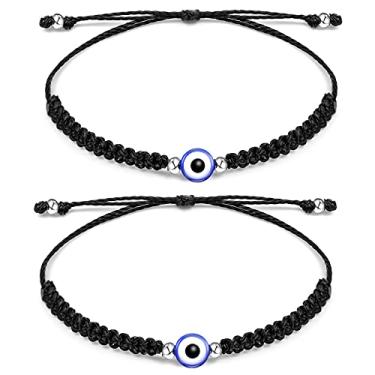 Imagem de Jewanfix Pulseiras de cordão de olho turco feitas à mão com cordão preto para mulheres, homens, adolescentes, meninas, meninos, 2 peças, 10 5 inch, Corda de cera, Sem Pedra Preciosa