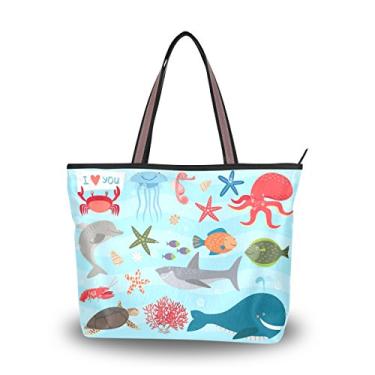 Imagem de ColourLife Bolsa de ombro feminina com alça e estampa de animais marinhos fofos, Multicolorido., Large