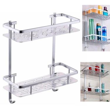 Imagem de Suporte Organizador Porta Shampoo Sabonete Box Banheiro Banho Prateleira Dupla Aluminio Resistente Chuveiro