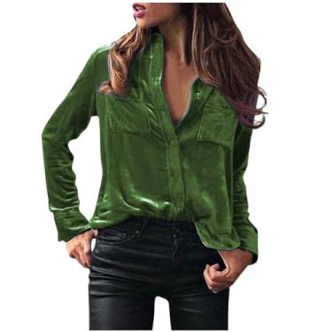 Imagem de Camisetas femininas gola alta de veludo camiseta feminina manga curta cardigã outono inverno 2024, P-860 verde-limão, P