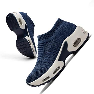 Imagem de Tênis de malha feminino – antiderrapante, sem cadarço, tênis de meia – leve, tênis de corrida com amortecimento de ar, tênis de trabalho, Azul, 34