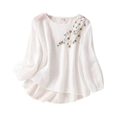 Imagem de Howstar Blusas de linho femininas 2024 verão boho elegante blusa casual bordada gola redonda plus size túnica manga cotovelo, A8 - Branco, M