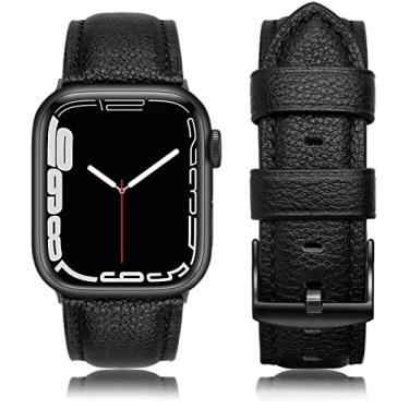 Imagem de EDIMENS Pulseiras de couro genuíno compatíveis com Apple Watch 42 mm 44 mm Pulseira masculina e feminina, pulseira de substituição de couro genuíno macio vintage para iWatch Series 6 5 4 3 2 1 SE Sports Edition, Lichee Black