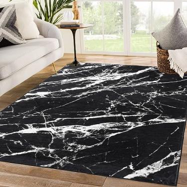 Imagem de Asrug Tapetes laváveis 3x5, tapetes pretos de mármore para sala de estar, tapete chique macio sem queda com suporte antiderrapante, tapete de piso de pilha baixa para quarto, sala de jantar e cozinha,