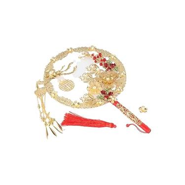 Imagem de Kopida Ventiladores redondos vintage chineses, ventilador de liga em forma de fênix, ventilador de mão de flor dourada com borla, ventilador de grupo de noiva de casamento