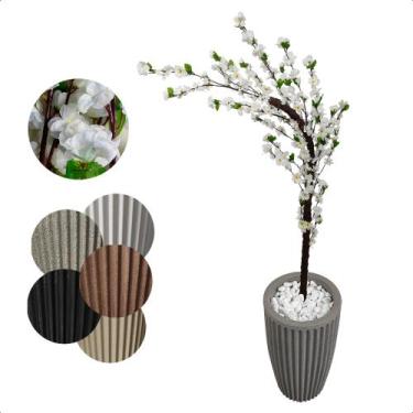 Imagem de Cerejeira Artificial Branca Galho Curvo Vaso Decoração - Flor de Menti