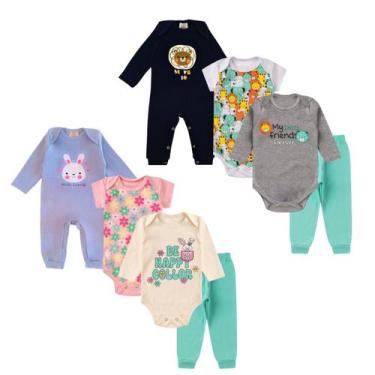 Imagem de Kit 4 peças Roupa Bebê Body Longo Curto Macacão botão de pressão Mijão