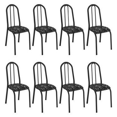 Imagem de Kit 8 Cadeiras de Cozinha Flórida Estampado Preto Florido Pés de Ferro